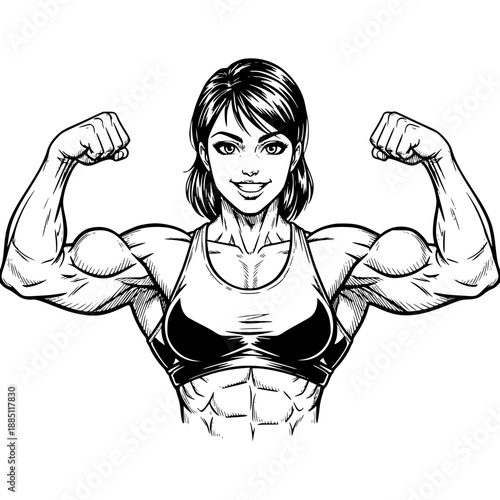 Strength and Confidence: A strong, confident woman flexes her muscular arms, embodying fitness and empowerment in a striking illustration.