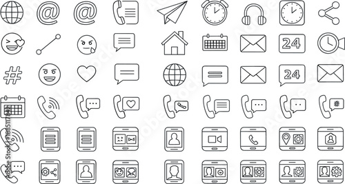 Mega collection of outline vector icons for communication social media and customer support featuring smartphones telephone symbols email envelopes chat bubbles and web interface elements