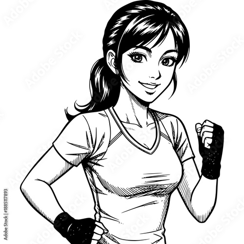 Energetic Fitness: A strong and radiant woman, rendered in striking monochrome, ready for a rigorous workout, exudes determination and vitality, celebrating the dedication to wellness.