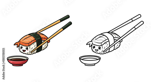 Cute Sushi Cartoon Holding Chopsticks with Smiling Faces Japanese Food Stock Art