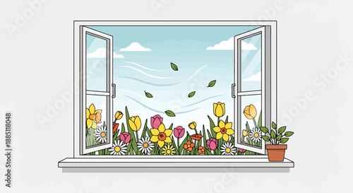 Open Window View Of Spring Flowers And Blowing Leaves On A Breezy Day With Blue Sky And Clouds