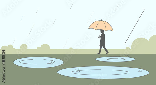 Person walks alone under umbrella in rain beside puddles on grassy landscape with distant trees and overcast sky