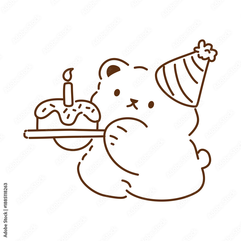 Obraz premium Cute cartoon bear wearing a festive hat carries a lit birthday cake on a tray