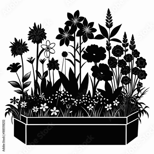 Vibrant mixed flowerbed garden composition, silhouette vector art on white background.