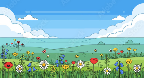Vibrant Meadow Landscape With Diverse Wildflowers Butterflies And Rolling Green Hills Under A Bright Blue Sky With Fluffy Clouds Creating A Serene
