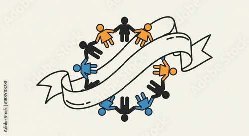 Diverse group of people holding hands around a white banner symbolizing unity teamwork and partnership in a minimalist illustration