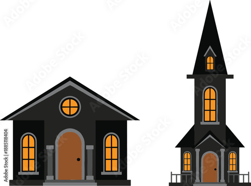 Haunted house and spooky church buildings set Halloween night architecture flat vector illustration isolated on white background