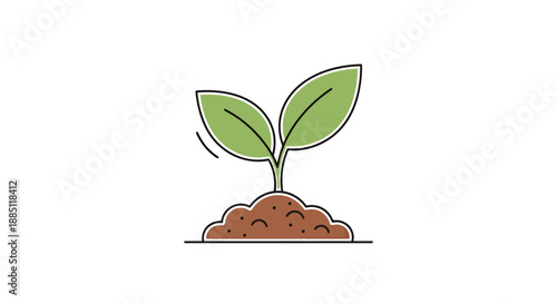 Small Green Plant Sprouts Growing From Rich Brown Soil With Delicate Lines Indicating Growth And Life On White Background