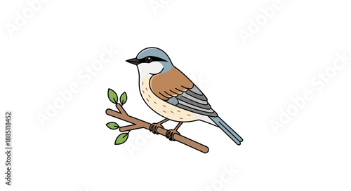 Small Feathered Creature Rests Peacefully on a Twig with Green Leaves in a Bright White Environment