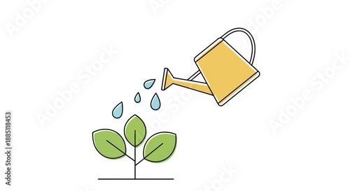Organic Growth Concept Watering New Green Plant Sprouts Symbolizing Development And Nurturing With Drops Falling From A Yellow Can