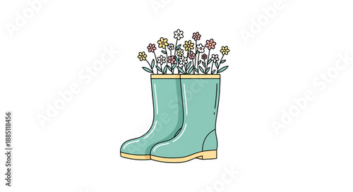 Gardening Boots Filled With Small Colorful Flowers Symbolizing Growth Nature And Spring Season