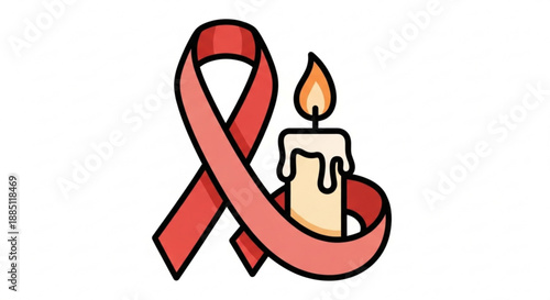 Red awareness ribbon with lit candle symbolizing hope and support for health causes in simple illustration style