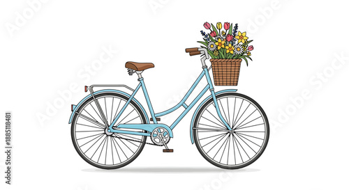 Vintage Cruiser Bicycle with Wicker Basket Full of Colorful Spring Flowers on White Background