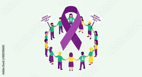 Diverse people holding hands forming a circle around a large purple awareness ribbon for support and solidarity