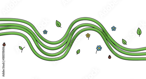 Green Organic Growth Waves with Small Flowers and Leaves Abstract Border Decoration for Eco Friendly Concepts