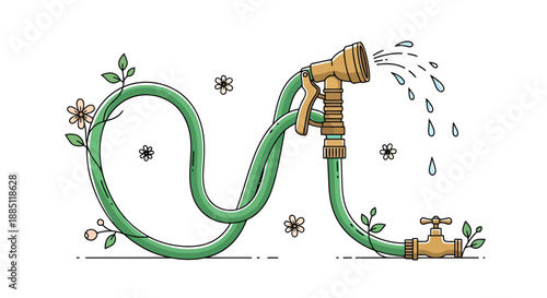 Gardening hose with flowing water and small plants connected to a faucet for watering greenery in a sunny environment