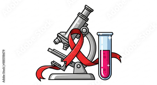 Medical research concept with microscope test tube and red ribbon on white background for health and science themes