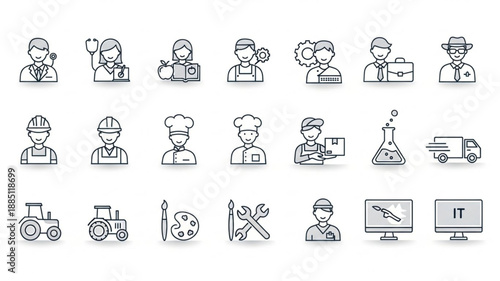 Collection of diverse profession icons representing various jobs and careers.