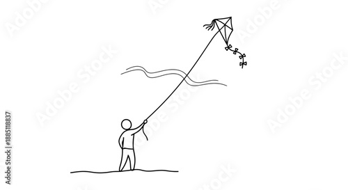 Simple Person Flying Diamond Shaped Kite Outdoors on a Windy Day Using String in a White Background Line Drawing Recreation Fun Childhood Activity