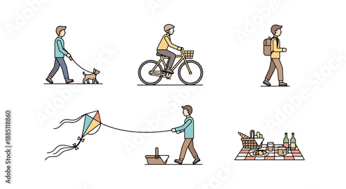 Set Of People Enjoying Outdoor Activities Including Walking A Dog Riding A Bicycle Flying A Kite And Having A Picnic In A Park Environment