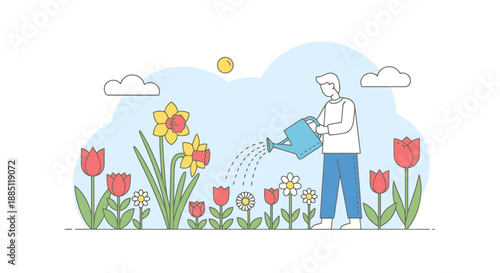 Gardener Watering Colorful Spring Flowers In A Lush Flower Bed With A Sunny Sky And Clouds Overhead