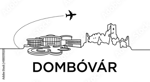 Dombóvár landmarks and airplane travel vector illustration