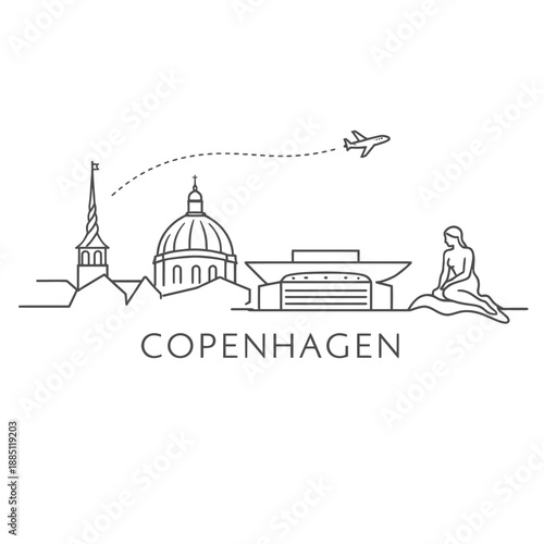 Copenhagen city landmarks with airplane and mermaid vector illustration