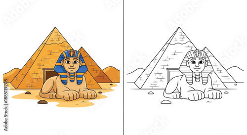 Egyptian Sphinx with Giza Pyramids Coloring Page Cartoon History Illustration for Kids