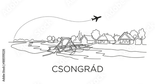 Csongrad pontoon bridge and village skyline one line vector