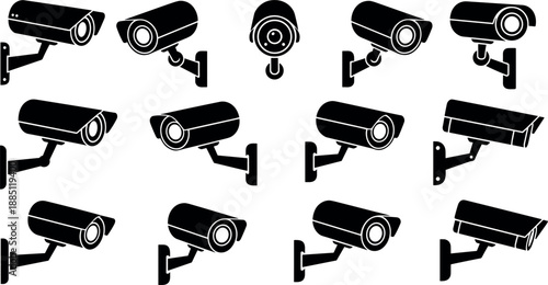Set of black security camera silhouettes featuring various angles of wall mounted CCTV surveillance equipment for professional property protection and safety monitoring system design.