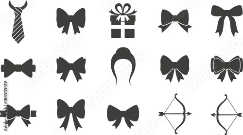 Hand drawn colorful hearts, minimalist continuous line art, black bow tie silhouettes, gift box icons, romantic wedding elements, Valentine's Day.