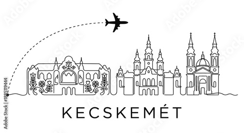 Kecskemét city skyline with airplane travel vector illustration