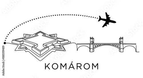 Komarom city landmarks and airplane travel vector illustration