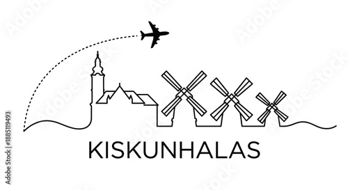 Kiskunhalas skyline with windmills and airplane vector illustration