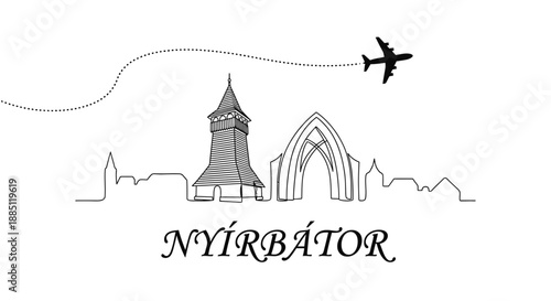 Nyirbator city skyline with airplane flight path vector illustration