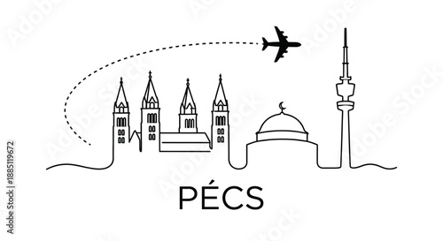 Pécs city skyline with airplane flying vector illustration
