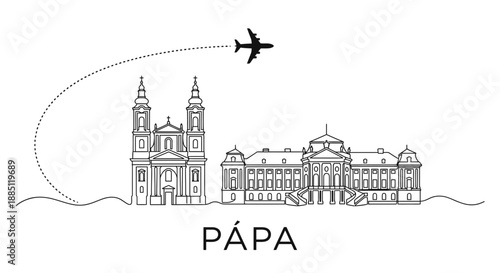 Papa Hungary city skyline with landmarks and airplane vector illustration