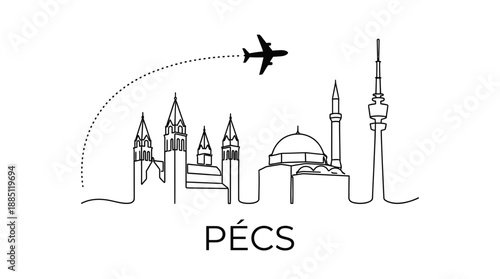 Pécs city skyline with airplane travel vector illustration
