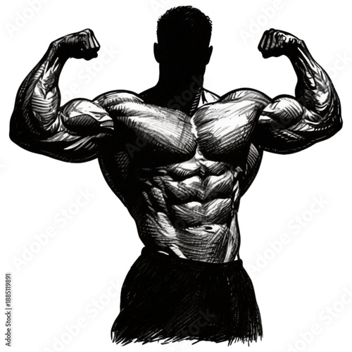 Power Pose: A silhouetted figure showcases powerful physique, flexing their muscles, embodying strength and dedication. 