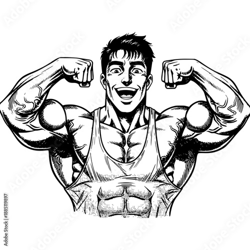 Power and Physique: A strong and smiling individual flexes, highlighting muscular definition and radiating confidence.