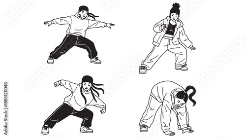 Professional female breaking and hip hop dance poses collection for urban sports apparel branding and modern performing arts educational business resources.