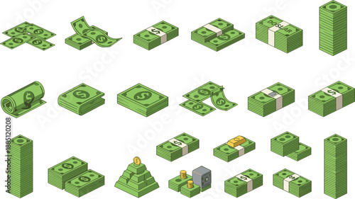 Stacks of money and cash bundles collection set finance banking wealth cartoon flat vector illustration isolated