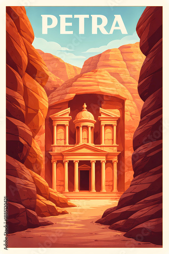 Petra Treasury - Stylized Sunset Illustration of Ancient Rock-Cut Architecture in Jordan’s Desert Landscape