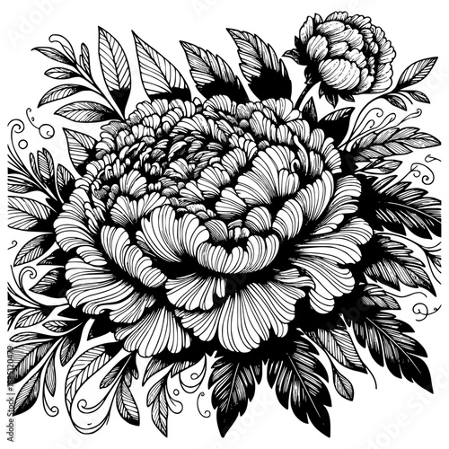 Elegant Floral Composition: An exquisite line art illustration, depicting a beautiful, fully bloomed flower with intricate details and delicate leaves, showcasing nature's artistry.
