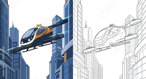 Future Cityscape with Flying Taxis and Advanced Urban Skyline Science Fiction Scene