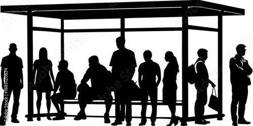 People Waiting at Bus Stop Silhouette Vector Crowd Illustration