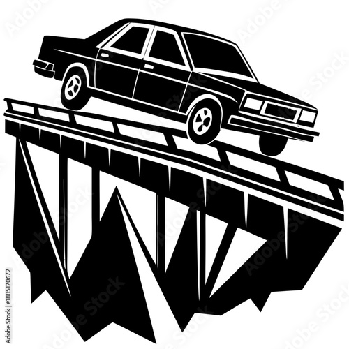 Broken Bridge Car Accident Warning Icon Road Safety Silhouette Vector