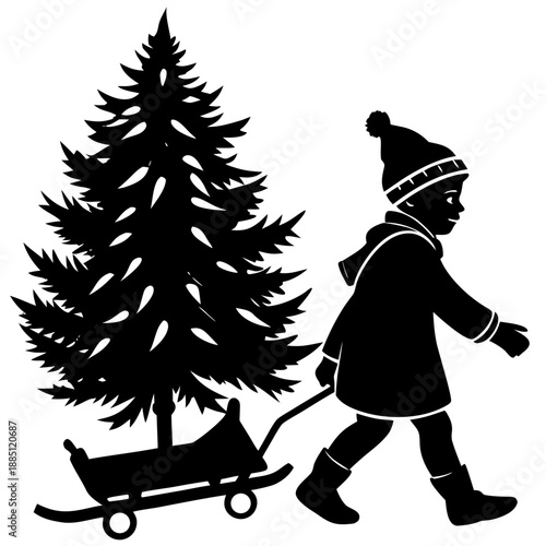 Child Pulling Christmas Tree on Sled Silhouette Vector Winter Holiday Icon