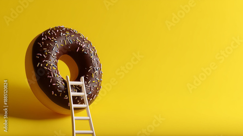 Chocolate donut with a ladder on yellow background