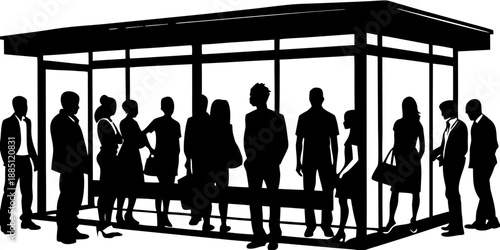 People Waiting at Bus Stop Silhouette Vector Crowd Illustration